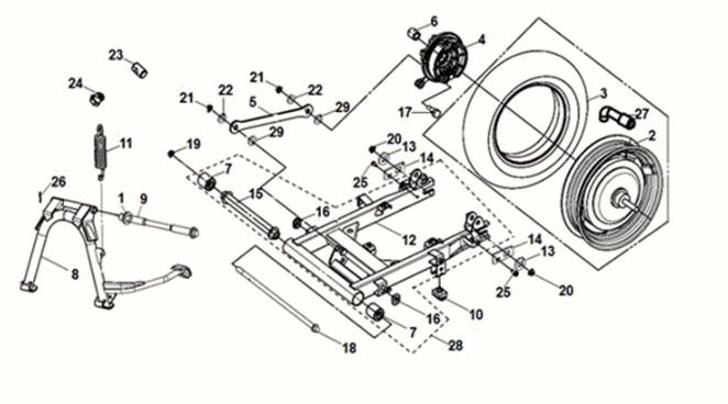 Rear wheel - main stand - rear fork Sym E-MIO