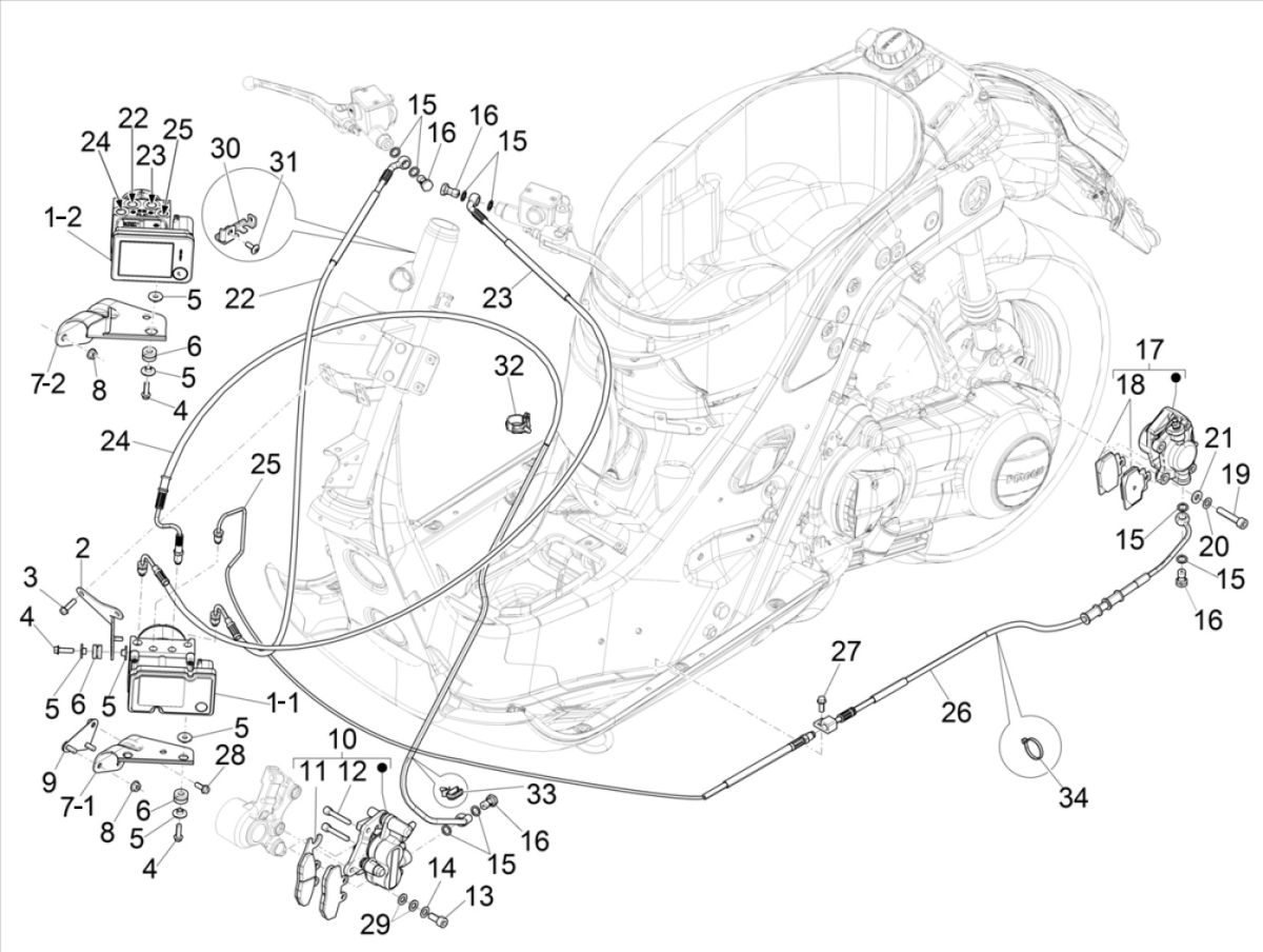 Remcilinder - Remklauw - Remblokken - Remleiding - ABS module  Vespa GTS 125 IE ABS Euro 4 2016-2018