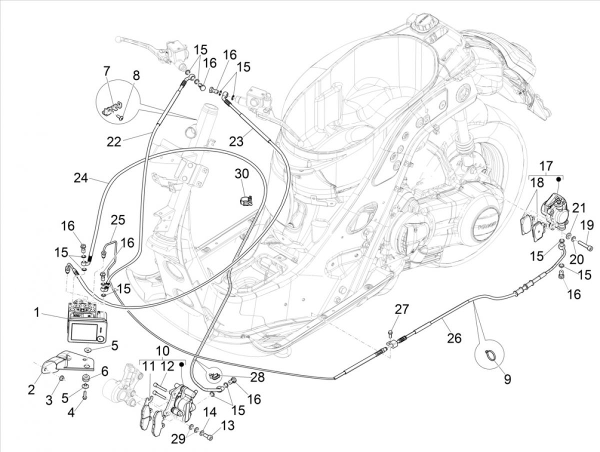 Remcilinder - Remklauw - Remblokken - Remleiding - ABS module Vespa GTS 300 HPE 4V IE ABS Euro 4 2019