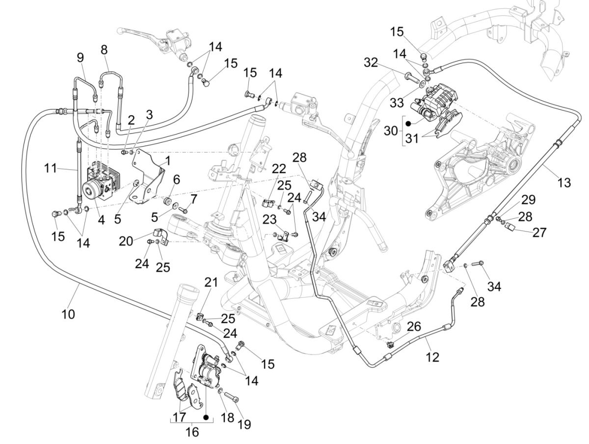 Remcilinder - Remklauw - Remblokken - Remleiding - ABS module  Piaggio Medley 125 IE ABS Euro 4 2016-2019