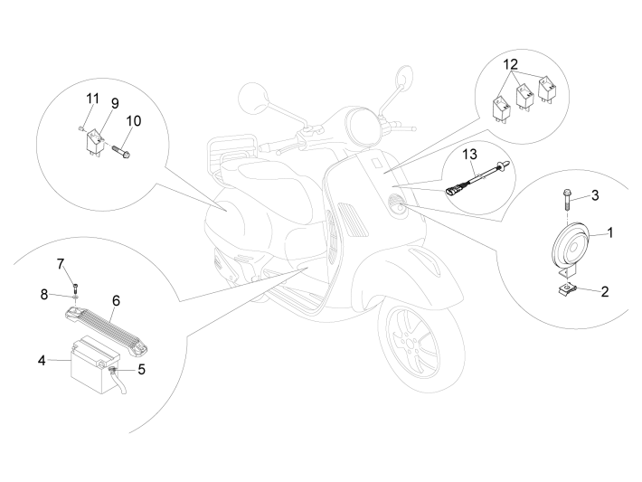 Accu - Claxon - Startschakelaar Vespa GTS 250 ie 2005-2016 (zonder ABS)