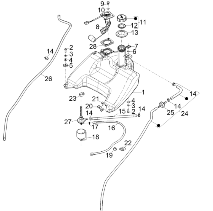 Benzinetank - Tankvlotter - Vacuümkraan Piaggio Typhoon 50 2-takt Euro 4 2018-2020