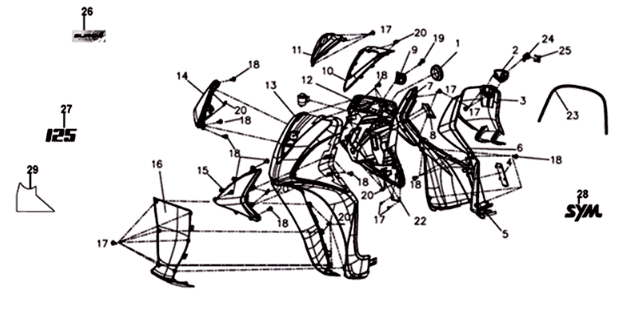 Voorplaat/ binnenplaat/ knipperlichten Sym Symphony ST 125I E4 Black/ Silver (BK-001C/S-882U)