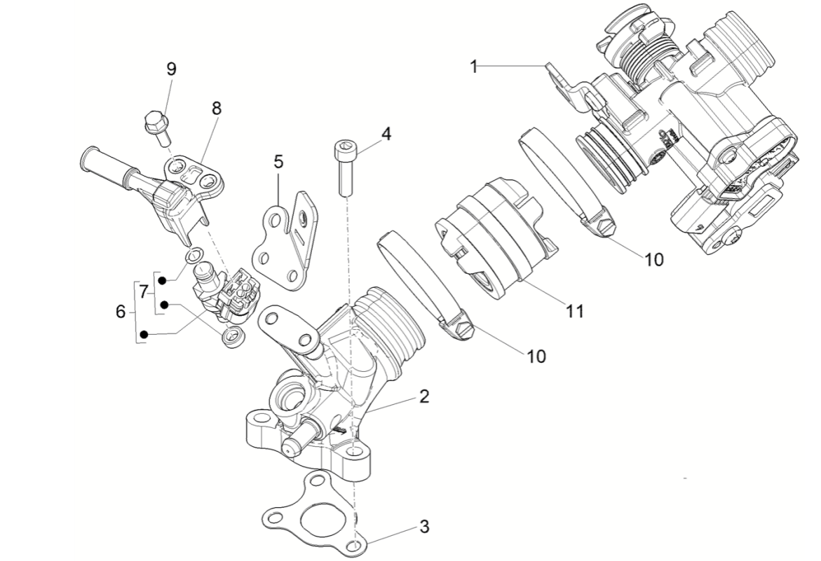 Gasklephuis- Inlaatspruitstuk - Injector  Vespa Sprint 50 4-takt IGET 3V Euro 5