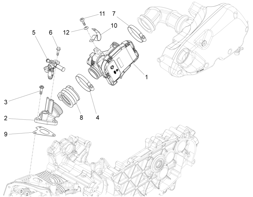 Gasklephuis - Injector - Inlaatspruitstuk Piaggio Fly 125 IE 4-takt 3V Euro 3