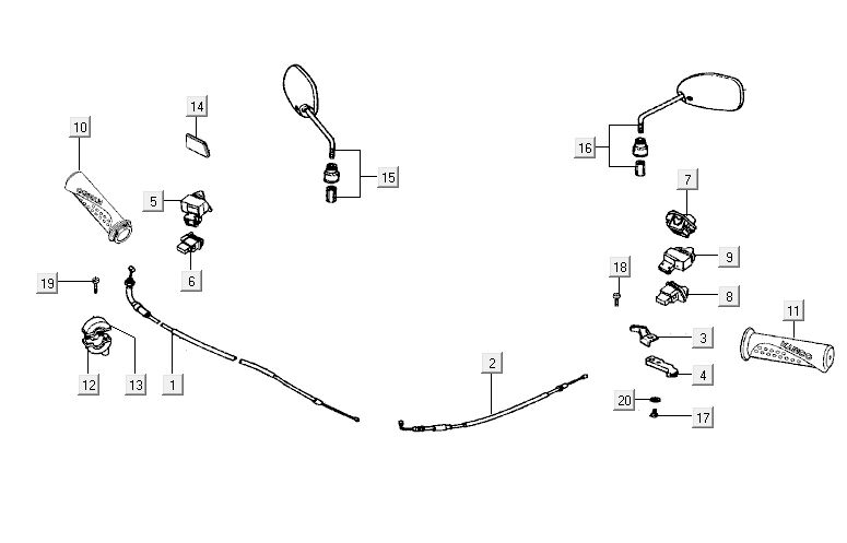 Spiegels - Stuurschakelaars Gaskabel - Handvatten Kymco Activ 50 4-takt blauw-zwart