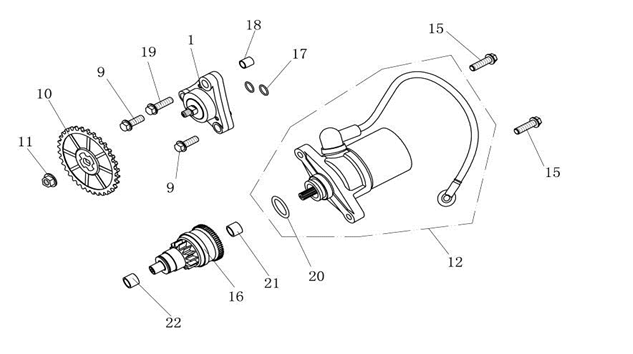 Startmotor - Bendix China Ape 50 wit
