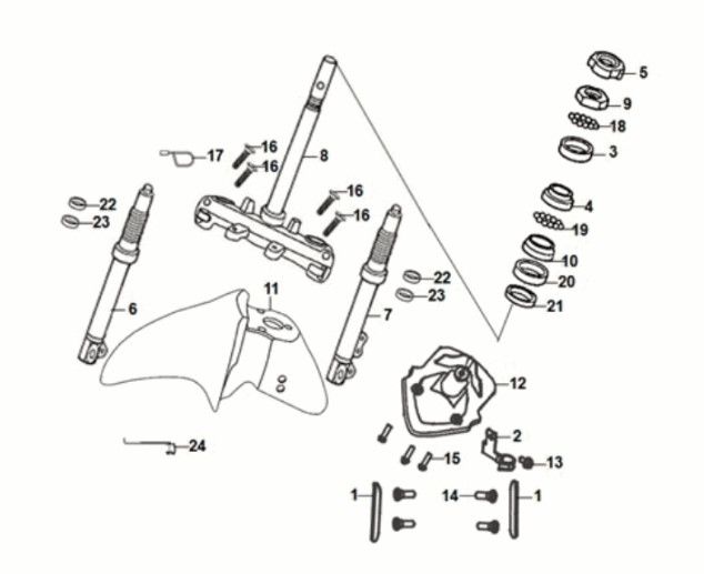 Voorvork - Kroonstuk Balhoofdstel - Voorspatbord Sym Jet 14 50i Euro 5