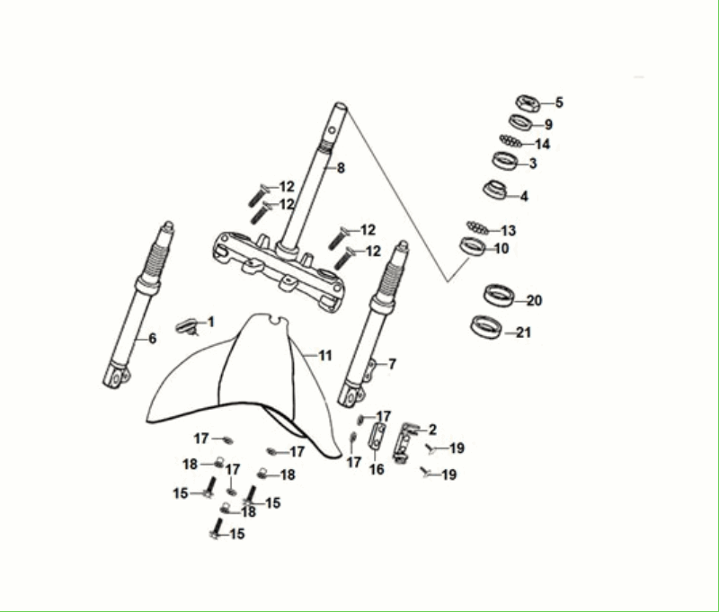 Voorvork - Kroonstuk Balhoofdstel - Voorspatbord Sym Fiddle ll Euro 5 Matt green (GN-371U)