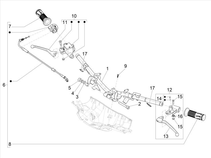 Stuur - Remcilinder- Gaskabel - Handvatten Vespa Sprint 50 4-takt IGET 3V Euro 5