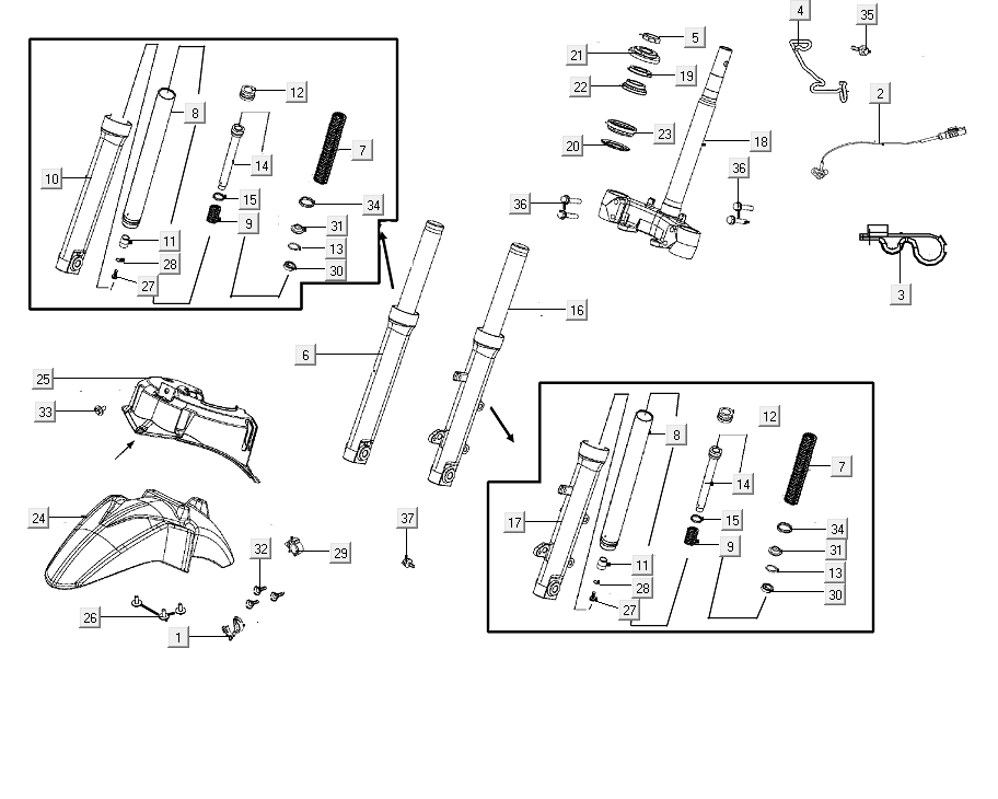 Voorvork - Kroonstuk - Balhoofdstel - Voorspatbord Kymco People S 50i Euro 4 Blauw