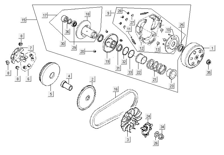 Variateur - V-snaar - Koppeling Kymco Agility 10' 4-takt blauw
