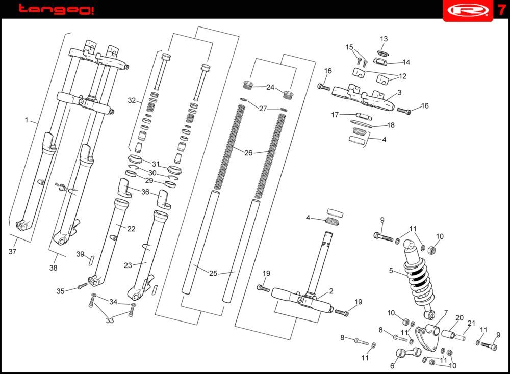 Voorvork - Balhoofdstel - Schokbreker Rieju Tango oranje 2008 2-takt