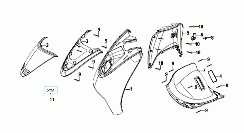 Voorkap - Beenschild - Knipperlichten voorzijde Sym Allo Euro 4 (BK-5560S) Bright Black