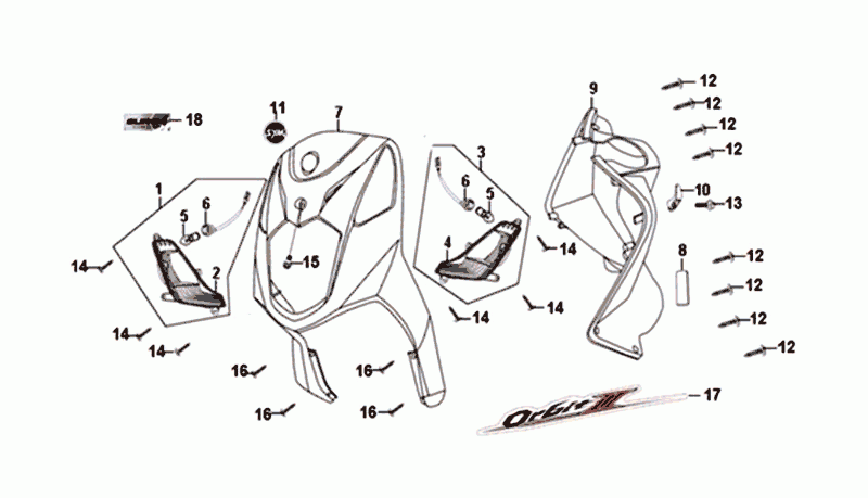 Voorkap - Beenschild - Knipperlichten voorzijde Sym Orbit II Euro 4 Black