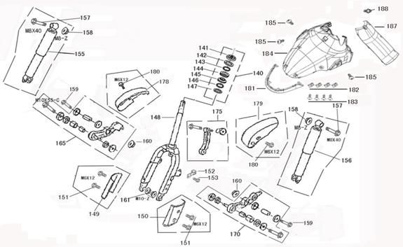 Voorvork - Balhoofdstel - Voorspatbord China Joy / Legend zwart
