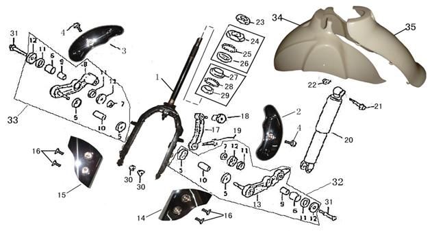 Voorvork - Balhoofdstel - Voorspatbord China LX antraciet