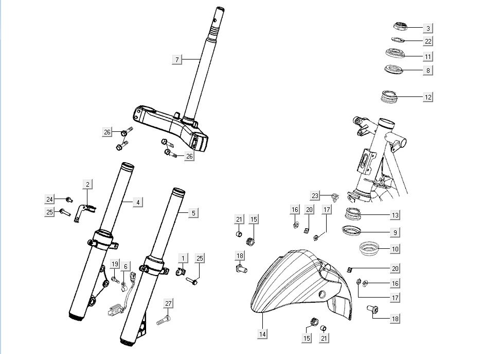 Voorvork - Balhoofdstel - Voorpatbord Kymco G-Dink 2-takt Donkergrijs