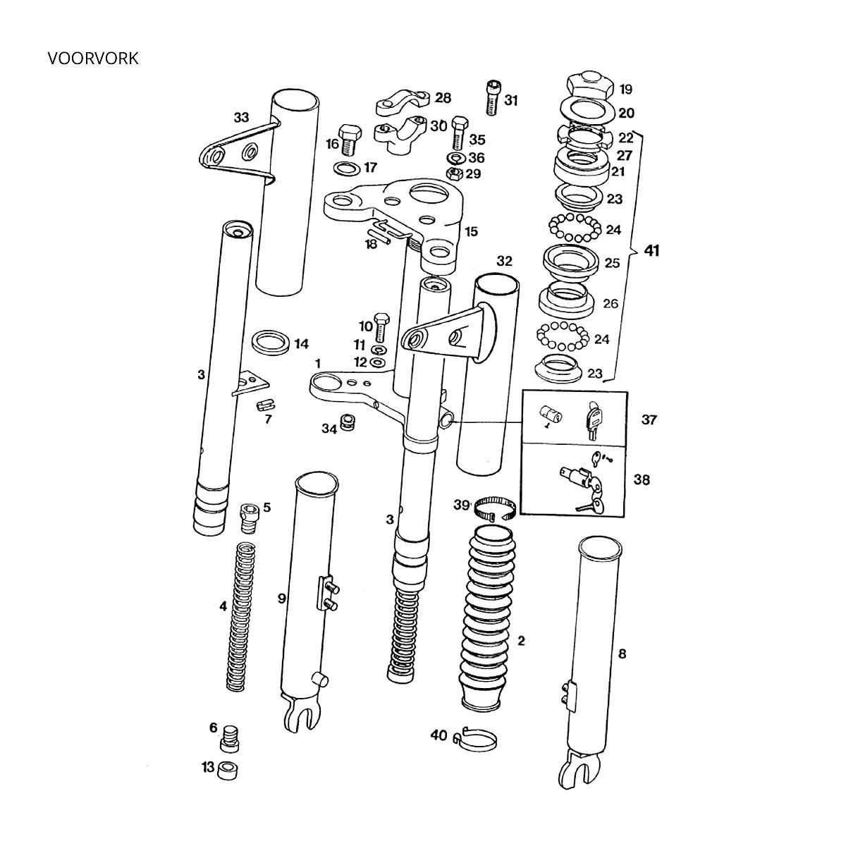 Voorvork dun met harmonicarubbers - balhoofdset - stuurslot Tomos STANDARD QUADRO LUXE 1996-1997