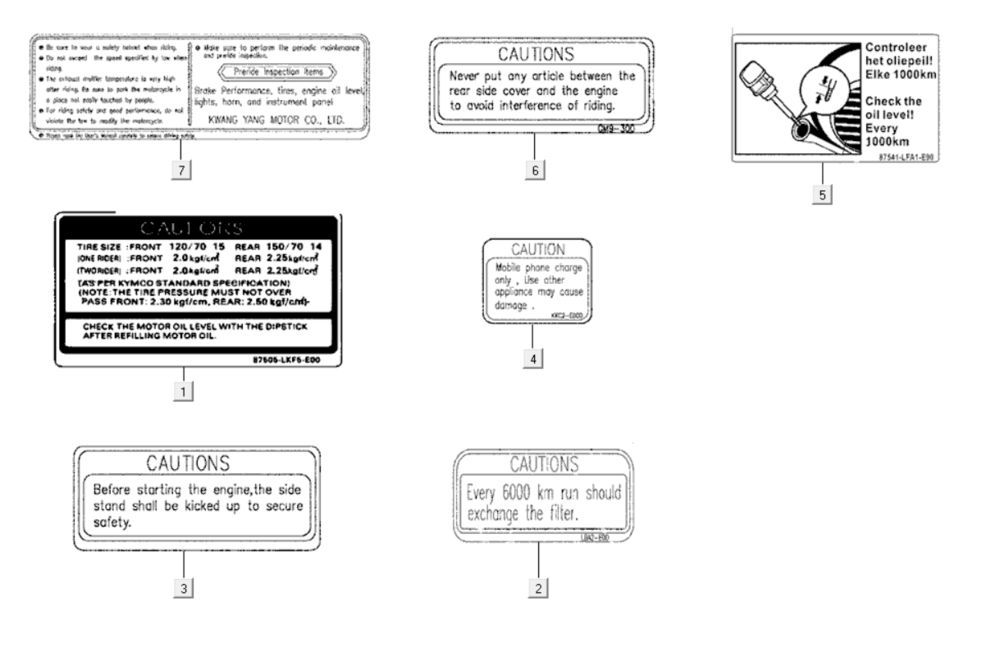 Veiligheid- en waarschuwingsstickers Kymco Xciting 400i Geel