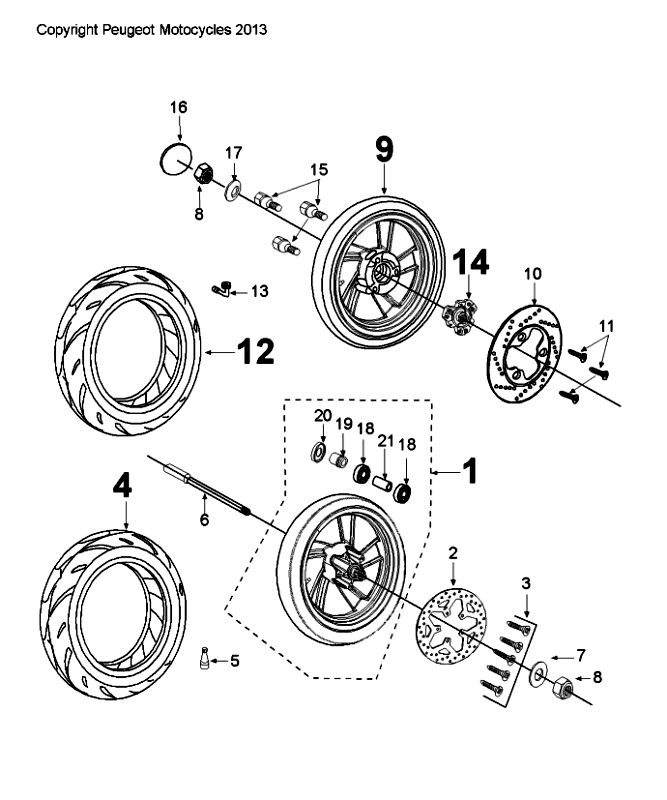 Voorwiel - Achterwiel Peugeot Citystar 50 Bruin