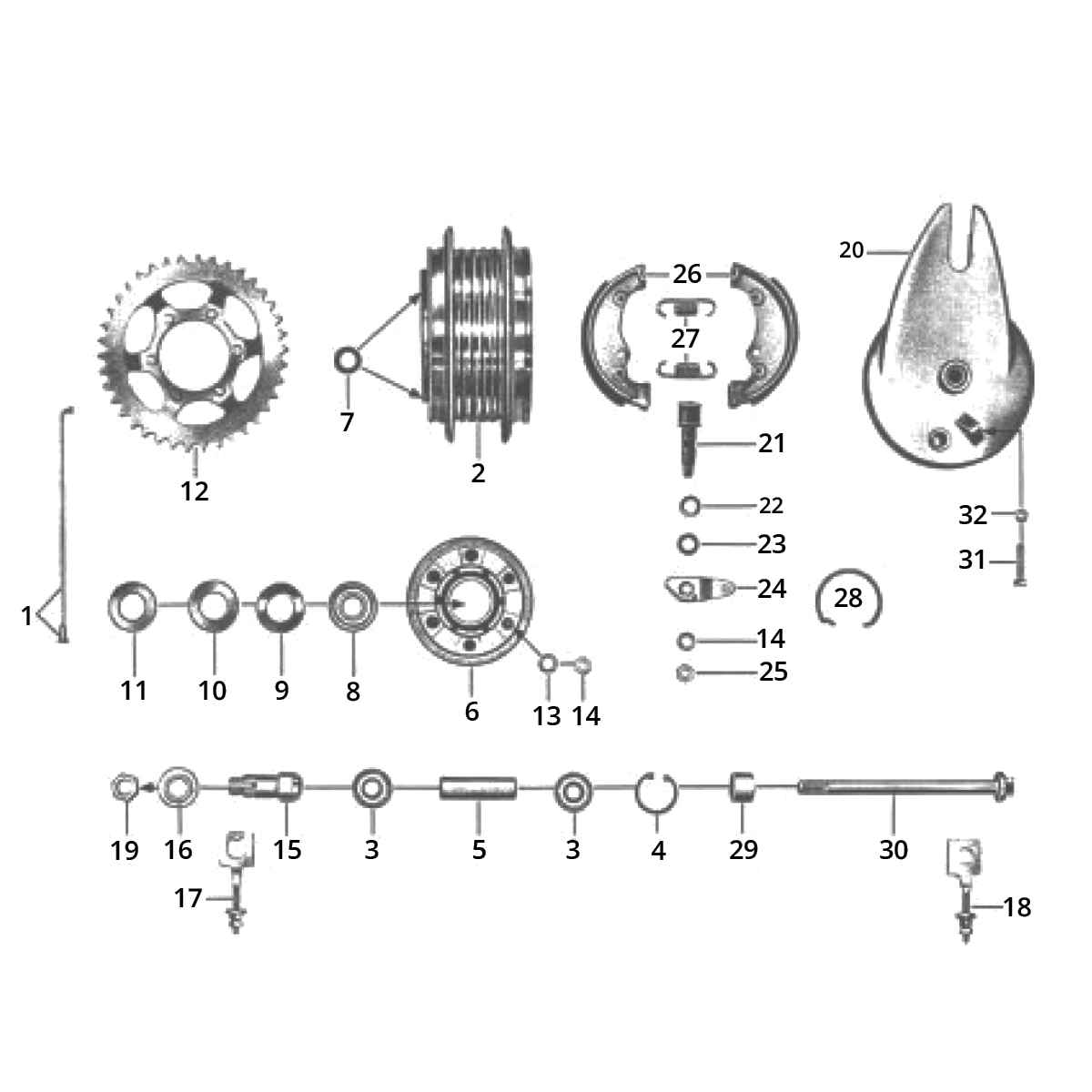 Achterwielnaaf - Achtertandwiel - Remschoenen Zundapp C50 Sport 517-21L0